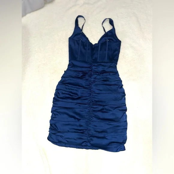 Elegant Navy Blue Silk Ruched Dress - Picture 2 of 5